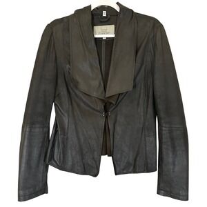 BOD CHRISTENSEN Black Leather‎ Waterfall Drape Collar Jacket Sz 6  Peplum Moto